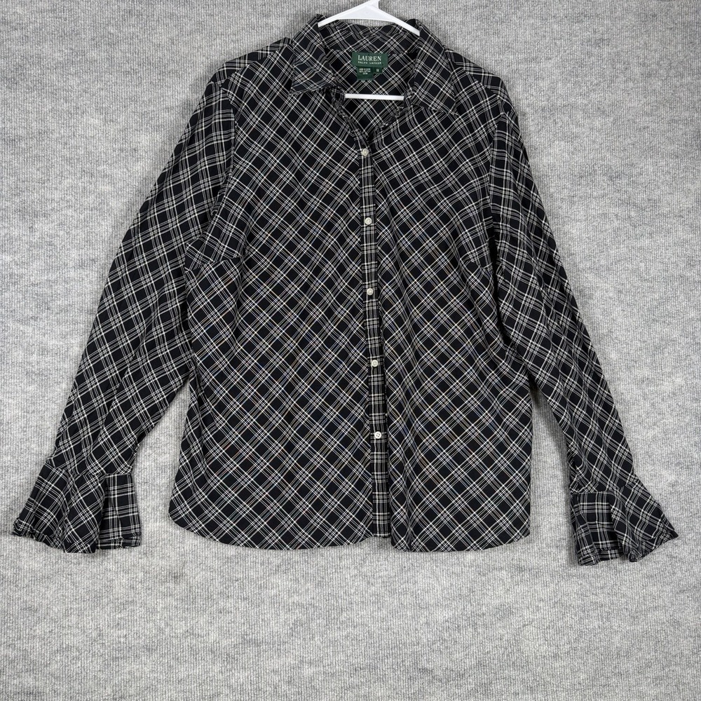 Lauren Ralph Lauren Size-1X Women's Shirt Long Sleeve Collared Top Black Plaid